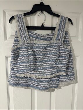 Blue,Pink and White Striped Knitted Fringe Set